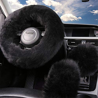 Yontree Fashion Fluffy Steering Wheel Covers for Women/Girls/Ladies/Men Australia Pure Wool Universal 15 Inch 1 Set 3 Pcs (Black) - color: Black, size: Long Wool