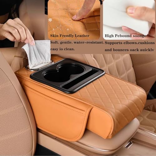 2026 Multifunctional PU Leather Car Armrest Box Mat,5-in-1 Center Console Cover with Cup Holder with 2 Storage Bags,Tissue Box Slot, Phone Slot,Universal Car Armrest Storage Bag (Beige) - color: Beige
