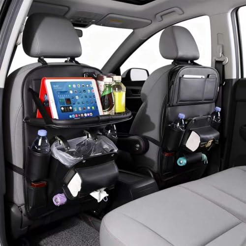 Leather Car Backseat Organizer with Foldable Table Tray, Car Storage Organizer with Tablet Holder, Car Seat Back Protectors Kick MatsTravel Accessories - color: Black