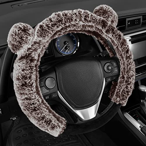 BDK Bear Fur Steering Wheel Cover, Plush Faux Fur Fuzzy Steering Cover for Car Truck Van SUV, Standard Size Fits Wheels 14.5-15 in Diameter, Brown with Ears - color: #13 Brown with Ears, size: Fits 14.5 - 15" Sw