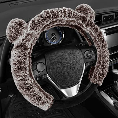 BDK Bear Fur Steering Wheel Cover, Plush Faux Fur Fuzzy Steering Cover for Car Truck Van SUV, Standard Size Fits Wheels 14.5-15 in Diameter, Brown with Ears - color: #13 Brown with Ears, size: Fits 14.5 - 15" Sw