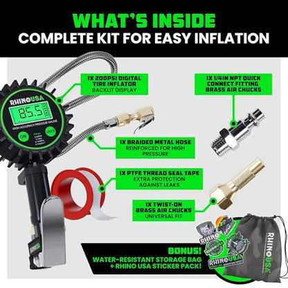 Rhino USA Digital Tire Pressure Gauge with Inflator (0-200 PSI) - Heavy Duty Air Chuck and Compressor Accessories with Stainless Braided Hose, Large 2" Dial and Solid Brass Hardware for Truck and RV - style: 200psi Digital