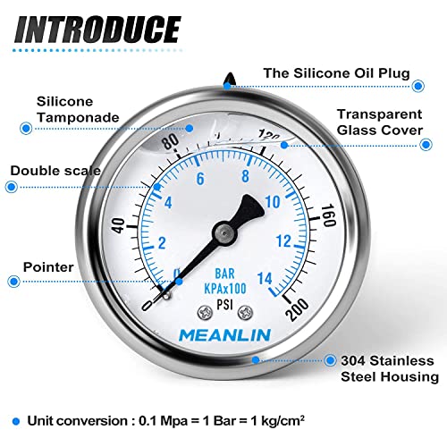 MEANLIN MEASURE 0~200Psi Stainless Steel 1/4" NPT 2.5" FACE DIAL Liquid Filled Pressure Gauge WOG Water Oil Air Back Mount (Pack of 2), with 1/2" NPT and 3/8" NPT Hex Bushing - size: 0-200Psi (2Pcs)