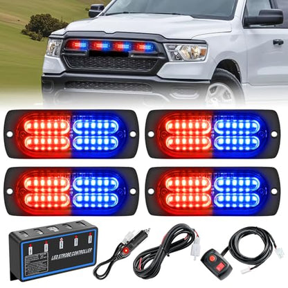 Nilight 4PCS LED Strobe lights 12V 24V Sync Feature Red Blue 24LED Emergency Hazard Warning Lights with Controller Hard Wire or Cigarette Lighter Plug for Car Truck RVs Campers - color: Red Blue w/Controller