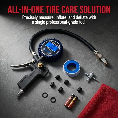 Digital Tire Pressure Gauge with Inflator, 3-250 PSI Air Chuck & Compressor Accessories Heavy Duty with Quick Connect Coupler, 0.1 Display Resolution