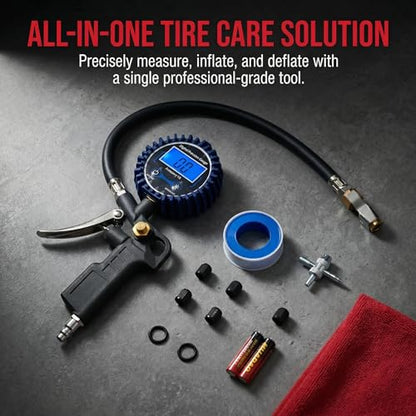 Digital Tire Pressure Gauge with Inflator, 3-250 PSI Air Chuck & Compressor Accessories Heavy Duty with Quick Connect Coupler, 0.1 Display Resolution