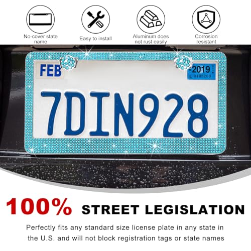 DXNQ Bling License Plate Frame, Sparkly Rhinestone Diamond License Plate Cover with Crystal Screws Caps, Glitter Crystal Stainless Steel License Plate Holder for Women, Car Accessories (Blue) - color: Blue