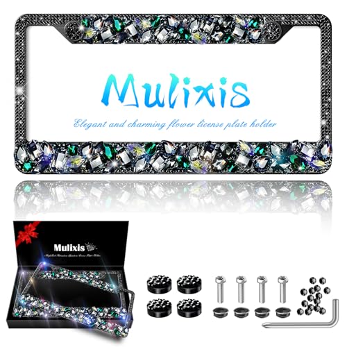 2 Pack Black Bling License Plate Frames for Women Sparkly Rhinestone Diamond Car Accessories with Glitter Crystal Caps Stainless Steel Frame - High-End Gift Box Packaging - color: CPJ-LBJG-002 black gem 2pcs