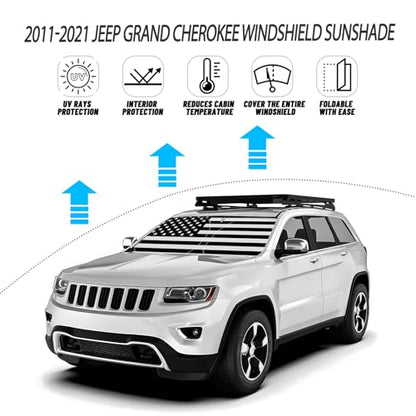 D-Lumina Windshield Sun Shade for 2011-2021 Jee-p Grand Cherokee (NOT for Grand Cherokee L), Front Window Sunshade American Flag Sun Visor Sun Shield Block UV Ray Heat, Foldable 2 Layers 210T Material - size: Silver & Black-Fit 2011-2021 Jeep Grand Cherok