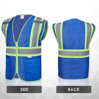 High Visibility Reflective Safety Vest with Zipper and Pockets Blue,L - color: Blue, size: Large