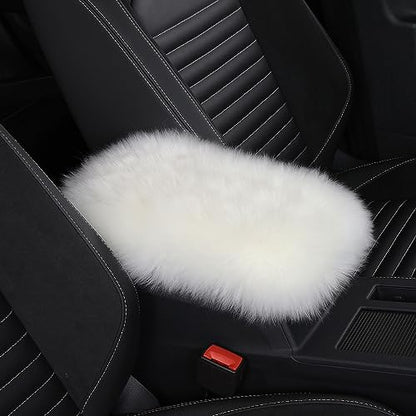 Genuine Sheepskin Center Console Cover Pad Genuine Furry Fluffy Wool Fur Car Armrest Cover Protector Universal Fit for SUV/Truck/Car - color: Long Wool-Pure White