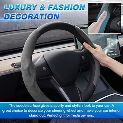 Shademax Custom-Fit for Tesla Steering Wheel Cover, Tesla Model Y / 3 2017-2025 2026 (Fit Model Y Juniper 2026/ Model 3 Highland) Suede Steering Wheel Cover Protector Model Y/ 3 Accessories (Gray) - color: Gray