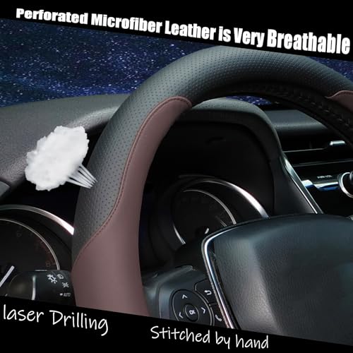 Steering Wheel Cover Standard Size Medium 14.5-15 inch, Breathable Microfiber Leather, Anti-Slip, Soft Grip, Universal Fit for Cars SUVs Trucks, Black and Chocolate Brown - color: Black and Brown
