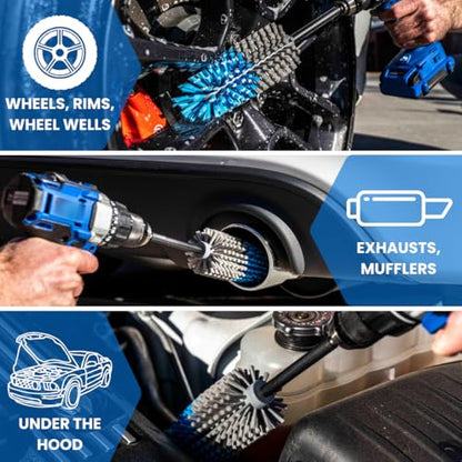 Long Reach Drill Brush Attachment, All Purpose for Car Tires, Wheels, Wheel Wells, Engine Bays, Exhaust Pipes, Running Boards, Hard to Reach Areas, with Heavy Duty Non-Scratch Nylon Bristles - color: Blue/Gray, size: Long Reach - 2 Piece Set