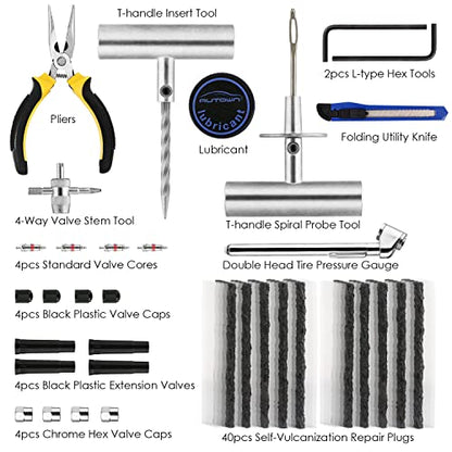 AUTOWN Tire Repair Kit - 68pcs Heavy Duty Tire Plug Kit, Universal Tire Repair Tools to Fix Punctures and Plug Flats Patch Kit for car Motorcycle, Truck, ARB，ATV, Tractor, RV, SUV, Trailer - size: 67pcs