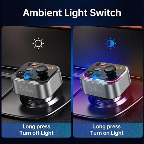Syncwire Bluetooth 5.4 FM Transmitter Car Adapter 54W (PD 36W & 18W) [Stronger Dual Mics] [Light Switch] [HiFi Bass Sound] [Fast Charging] Wireless Radio Receiver Hands-Free Calling LED Display - color: Silver