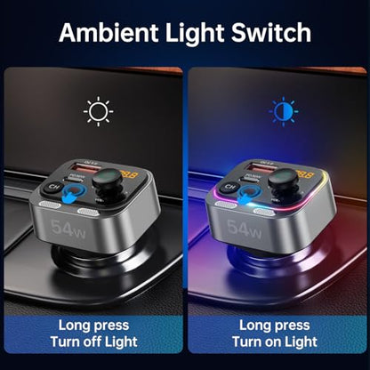 Syncwire Bluetooth 5.4 FM Transmitter Car Adapter 54W (PD 36W & 18W) [Stronger Dual Mics] [Light Switch] [HiFi Bass Sound] [Fast Charging] Wireless Radio Receiver Hands-Free Calling LED Display - color: Silver