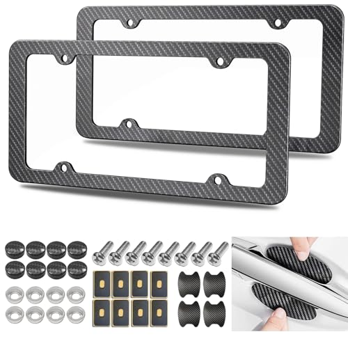 Carbon Fiber License Plate Frames- Black Plastic Car Tag Holder, 2 Pack 4 Hole Slim Edge Front Rear Bracket with Screw Caps and Car Door Handle Stickers - style: Black-Slim Frame