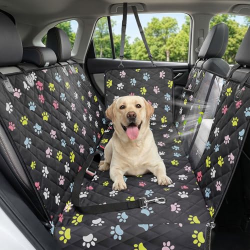 Dog Car Seat Cover, 600D Heavy Durable Dogs Seat Cover for Back Seat, 100% Waterproof Scratch Proof Nonslip Dog Hammock for Car with Side Flap, Pet Seat Covers with SeatBelt for Cars Sedan SUV Trucks - color: Paw Prints, size: Standard (53.9*57.9 )