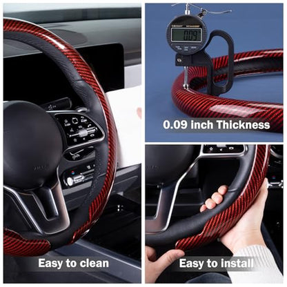 Car Steering Wheel Cover Carbon Fiber Snap On Steering Wheel Accessories Wrap 14.5-15 inch Universal Grip Anti-Skid Protector, Glossy Red - color: Glossy Red