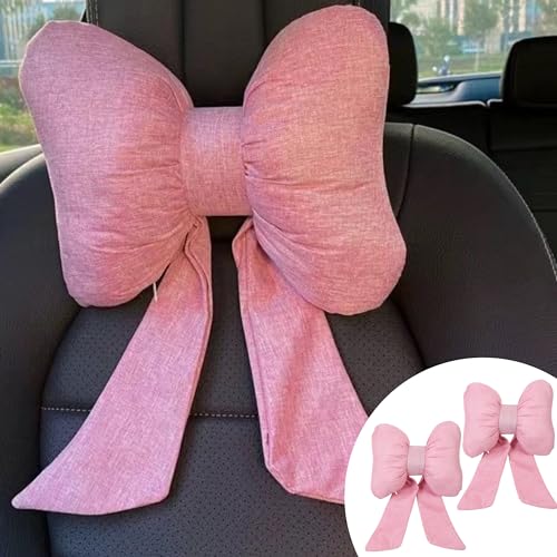 2PCS Chic Car Headrests with Bow-Shaped Cotton Linen Bowknot Neck Pillows for Cozy Road Trip & Cute Interior Decoration (Pink) - color: Pink