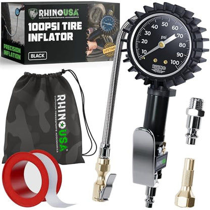 Rhino USA Tire Pressure Gauge with Inflator (0-100 PSI) - Heavy Duty Air Chuck and Compressor Accessories with Stainless Braided Hose, Large Analog Dial and Solid Brass Hardware for Truck and RV - style: 100psi Analog