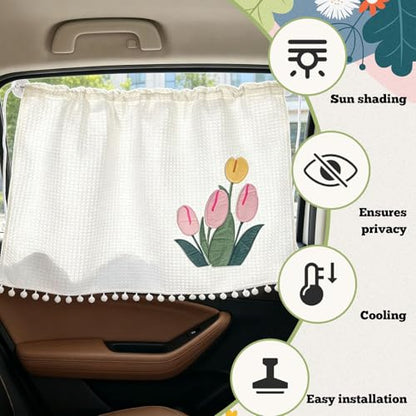 Car Side Window Sun Shade Privacy Curtain for Baby, 25.2"x18.1" Cute Blackout UV Protection Car Window Shades with Suction Cup for Back Seat, Auto Camping Windows Screen Shades (One Big Tulip) - color: One Big Tulip