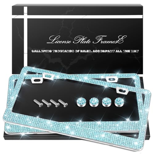 QUANQIUFEI 2 Pack Bling License Plate Frames, Sparkly Rhinestone Diamond Car License Plate Cover for Women, Stainless Steel Car Accessories with Glitter Crystal Caps (Aqua Bohemica) - color: Aqua Bohemica