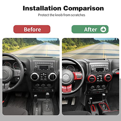 CheroCar 18PCS Interior Trim Kit for Jeep Wrangler JK JKU 2011-2018 4 Door,Steering Button Frame, Air Conditioning Vent Trim Cup Holder Cover,Gear Shift Knobs Frame,Red Carbon Fiber… - color: Red Carbon Fiber