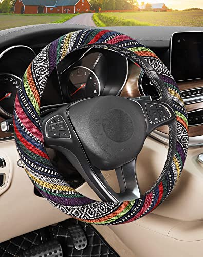 SEG Direct Boho Steering Wheel Cover with Baja Blanket Cloth, Ethnic Style Auto Wheel Cover Made of Coarse Flax, Fits 14 1/2-15 1/4 inches Car Wheel - color: Colorful Windmill