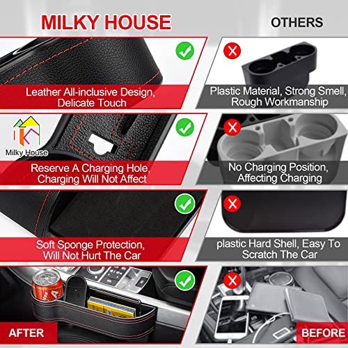2 Set Car Seat Gap Organizer, Car Gap Filler Storage Boxes, PU Leather Front Seat Console Side Pocket Bags with Cup Holder 4 Hooks, Automotive Storage Box for Phone, Drinks, Cards, Sunglasses, Black