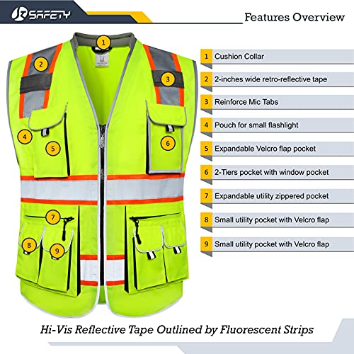 JKSafety 10 Pockets Class 2 Hi-Vis Zipper Front Yellow Safety Vest | Cushioned Collar | High Reflective Tapes with Extended Neon Orange Strips | Meets ANSI/ISEA Standards (Medium, 89-Yellow) - color: Yellowt2s1, size: Medium