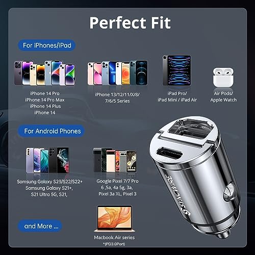 USB C Car Charger Syncwire 90W [PD 45W & QC 45W] USB Car Charger Adapter Fast Charging [Super Mini & All Metal] Compatible with iPhone 15/14 Pro Max Plus 13 12 Samsung S23/S22/21 Note 22, Pixel, iPad - color: Silver