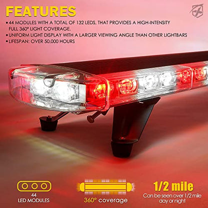Xprite 48 Inch LED Rooftop Emergency Strobe Lights Bar w/Adjustable Mounting Brackets, Warning Flashing Lightbar for Security POV Rescue Tow Trucks Firefighter Ambulance First Responder - White Red - color: White Red