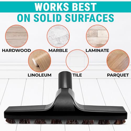 Horsehair Vacuum Brush Attachment 1 1/4 – Vacuum Attachments with 3 Hose Adapters 1.25" to 1.37" - 10.2" Brush Width, 1.25" Diameter Wands, Rotates 360° | Ideal for Wood, Tile, and Smooth Surfaces