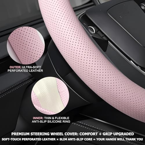 Microfiber Leather Universal 14.5-15 inch Steering Wheel Cover,Easy to Install Non-Slip Breathable Steering Wheel Protector Light Pink - color: Light Pink