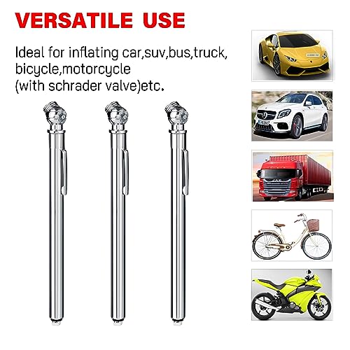 PINKJOY Pencil Tire Pressure Gauge (10-75PSI) Stainless Steel Body and Metal Made Nozzle 3 Measurements for Vehicles (3 Pack)