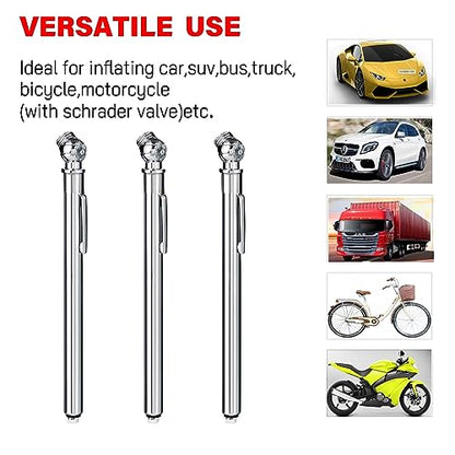 PINKJOY Pencil Tire Pressure Gauge (10-75PSI) Stainless Steel Body and Metal Made Nozzle 3 Measurements for Vehicles (3 Pack)
