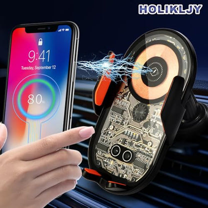 Car Phone Holder, Wireless Car Charger Air Vent Auto-Clamp Cell Phone Car Mount with Metal Hook Clip, 360° Rotation - One Button Release for iPhone, Samsung, Google, and All Other Smartphones - color: Gold