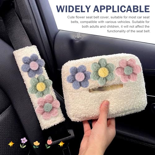 2 PCS Car Seat Belt Cover Pads & Tissue Box Set, Cute Flower Safety Seatbelt Covers Cushion, 9.4" x 2.5" Soft Plush Shoulder Strap Protector, Universal Seat Belt Cover for Adults and Kids - size: 2 Pcs Car Seat Belt Cover Pads & Tissue Box Set