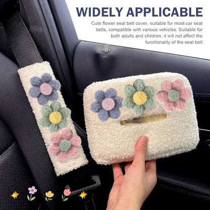 2 PCS Car Seat Belt Cover Pads & Tissue Box Set, Cute Flower Safety Seatbelt Covers Cushion, 9.4" x 2.5" Soft Plush Shoulder Strap Protector, Universal Seat Belt Cover for Adults and Kids - size: 2 Pcs Car Seat Belt Cover Pads & Tissue Box Set