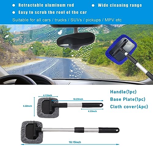 Ziciner Car Windshield Cleaner, Microfiber Auto Cleaning Wiper with Aluminum Extendable Handle and 2 Washable Reusable Cloth Pad Head, Universal Vehicle Interior Exterior Cleaner Kit (Blue-Rectangle) - size: Blue-rectangle
