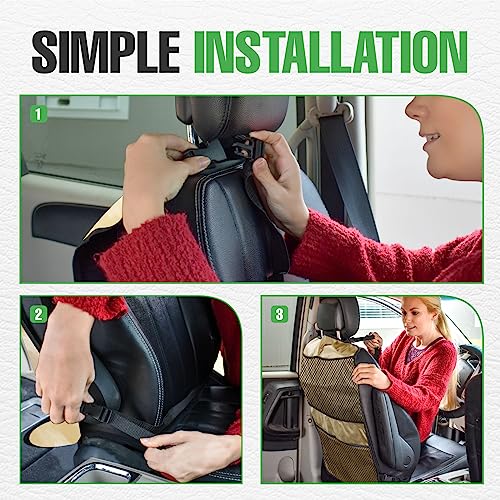 lebogner Back Seat Cover for Kids + 4 Pocket Storage Organizer, 2 Pack Kick Mats Backseat Protector, Car Accessories Waterproof Kick Guard for Vehicles to Protect from Dirt, Mud & Scratches, Beige