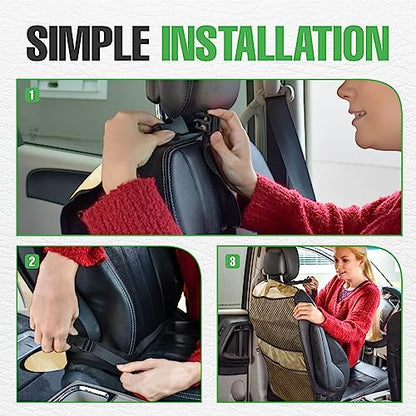 lebogner Back Seat Cover for Kids + 4 Pocket Storage Organizer, 2 Pack Kick Mats Backseat Protector, Car Accessories Waterproof Kick Guard for Vehicles to Protect from Dirt, Mud & Scratches, Beige