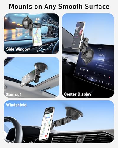 Magnetic Vacuum Suction Cup Phone Mount for Truck & Car, Heavy Duty Semi Truck Holder, 17x Strong Magnets, Adjustable Aluminum Arm Windshield Dashboard Window Mount for MagSafe iPhone 12–17 & Samsung