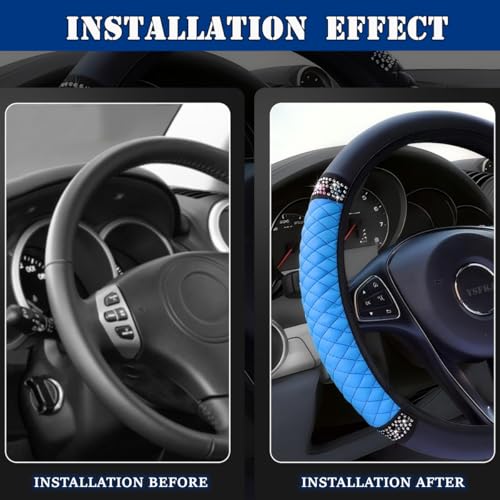 Soft Leather Car Steering Wheel Cover, Universal 15 Inch Colorful Rhinestones Anti-Slip Elastic Steering Wheel Covers for Most Cars, Sparkly Crystal Diamond for Women Girls (Blue) - color: Blue