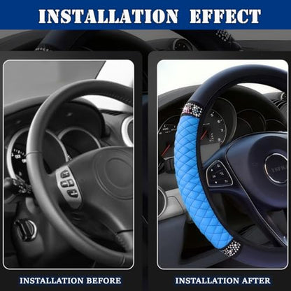 Soft Leather Car Steering Wheel Cover, Universal 15 Inch Colorful Rhinestones Anti-Slip Elastic Steering Wheel Covers for Most Cars, Sparkly Crystal Diamond for Women Girls (Blue) - color: Blue