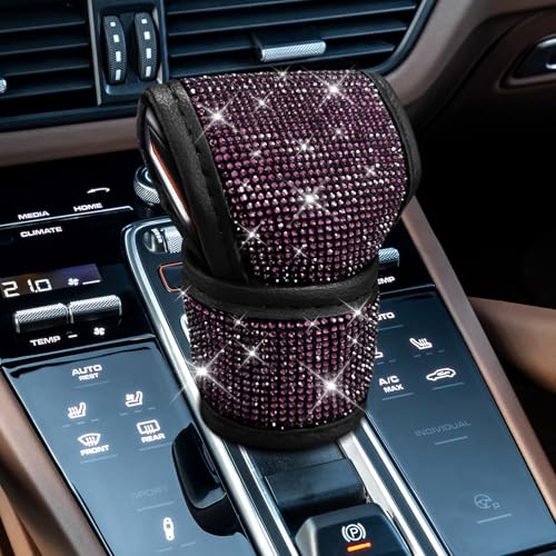 Crystal Auto Gear Shift Cover Bling Car Accessories, Shift Knob Cover, Leather Car Knob Gear Stick Protector with Rhinestones, Auto Diamond Shifter Lever Protector for Most Vehicles (Pink) - color: Pink