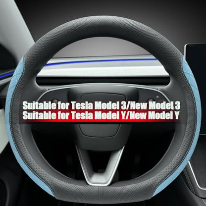 LKWLIKEI Leather Steering Wheel Cover. Elegant Diamond Checkered Design, Non-Slip and Breathable, for Tesla Model 3/Y Steering Wheel Protector,Black Blue - color: Black Blue