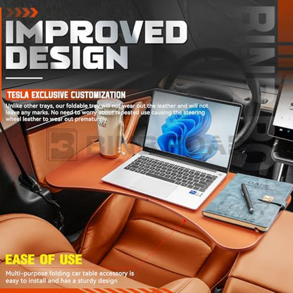 Leather Tray Table Folding Car Table Compatible with Tesla Model 3 Y – Multi-Use Dining Tray & Laptop Stand, Fits Front Driver & Passenger Seats,Orange - color: Orange